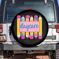 Cute Daycare Teacher Yellow Pencils Graphic Spare Tire Cover Retro Back to School Childcare Gift