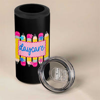 Cute Daycare Teacher Yellow Pencils Graphic 4 in 1 Can Cooler Tumbler Retro Back to School Childcare Gift