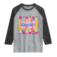 Cute Daycare Teacher Yellow Pencils Graphic Raglan Shirt Retro Back to School Childcare Gift