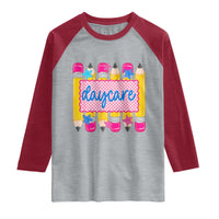 Cute Daycare Teacher Yellow Pencils Graphic Raglan Shirt Retro Back to School Childcare Gift