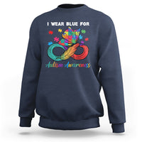 Navy autism awareness sweatshirt with colorful puzzle feather graphic and crew neck