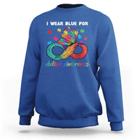 Royal blue autism awareness sweatshirt with colorful puzzle feather graphic and crew neck