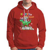 Kids red Easter dinosaur dabbing graphic hoodie with front pocket and drawstring hood