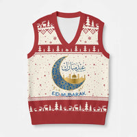 Eid Mubarak Crescent Moon Mosque V-Neck Knit Sweater Vest Arabic Calligraphy Islamic Celebration Gift