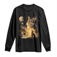 Mystical Moonlit Bunny Graphic Long Sleeve Shirt Glowing Rabbit Under Full Moon Waterfall Nature Scene