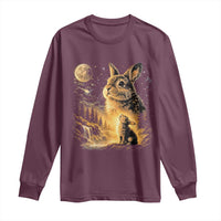Mystical Moonlit Bunny Graphic Long Sleeve Shirt Glowing Rabbit Under Full Moon Waterfall Nature Scene