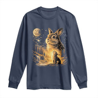 Mystical Moonlit Bunny Graphic Long Sleeve Shirt Glowing Rabbit Under Full Moon Waterfall Nature Scene