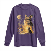 Mystical Moonlit Bunny Graphic Long Sleeve Shirt Glowing Rabbit Under Full Moon Waterfall Nature Scene