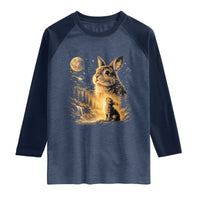 Mystical Moonlit Bunny Graphic Raglan Shirt Glowing Rabbit Under Full Moon Waterfall Nature Scene