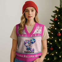 Cute Unicorn Wearing Tartan Kilt Holding Saltire Flag Graphic V-Neck Knit Sweater Vest