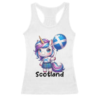 Cute Unicorn Wearing Tartan Kilt Holding Saltire Flag Graphic Racerback Tank Top