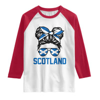Scotland Messy Bun Hair Saltire Flag Ribbon Bow Raglan Shirt Scottish Pride for Girls Women