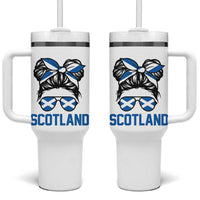 Scotland Messy Bun Hair Saltire Flag Ribbon Bow Tumbler With Handle Scottish Pride for Girls Women