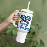 Scotland Messy Bun Hair Saltire Flag Ribbon Bow Tumbler With Handle Scottish Pride for Girls Women