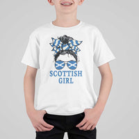 Scottish Girl Messy Bun Hair Saltire Flag Ribbon Bow T Shirt For Kid Scotland Pride for Girls Women