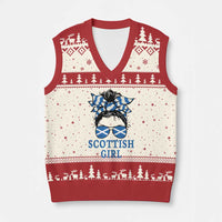 Scottish Girl Messy Bun Hair Saltire Flag Ribbon Bow V-Neck Knit Sweater Vest Scotland Pride for Girls Women