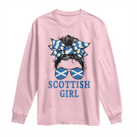 Scottish Girl Messy Bun Hair Saltire Flag Ribbon Bow Long Sleeve Shirt Scotland Pride for Girls Women