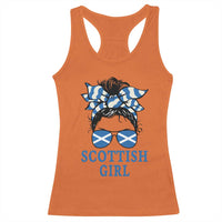 Scottish Girl Messy Bun Hair Saltire Flag Ribbon Bow Racerback Tank Top Scotland Pride for Girls Women
