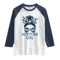 Scottish Girl Messy Bun Hair Saltire Flag Ribbon Bow Raglan Shirt Scotland Pride for Girls Women