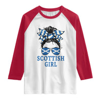 Scottish Girl Messy Bun Hair Saltire Flag Ribbon Bow Raglan Shirt Scotland Pride for Girls Women