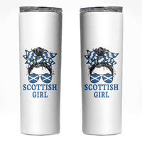Scottish Girl Messy Bun Hair Saltire Flag Ribbon Bow Skinny Tumbler Scotland Pride for Girls Women
