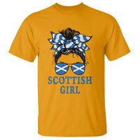 Scottish Girl Messy Bun Hair Saltire Flag Ribbon Bow T Shirt Scotland Pride for Girls Women