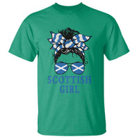 Scottish Girl Messy Bun Hair Saltire Flag Ribbon Bow T Shirt Scotland Pride for Girls Women