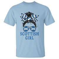 Scottish Girl Messy Bun Hair Saltire Flag Ribbon Bow T Shirt Scotland Pride for Girls Women