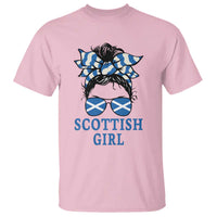 Scottish Girl Messy Bun Hair Saltire Flag Ribbon Bow T Shirt Scotland Pride for Girls Women