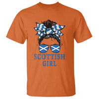 Scottish Girl Messy Bun Hair Saltire Flag Ribbon Bow T Shirt Scotland Pride for Girls Women