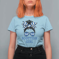 Scottish Girl Messy Bun Hair Saltire Flag Ribbon Bow T Shirt For Women Scotland Pride for Girls Women