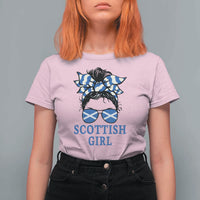 Scottish Girl Messy Bun Hair Saltire Flag Ribbon Bow T Shirt For Women Scotland Pride for Girls Women