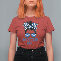 Scottish Girl Messy Bun Hair Saltire Flag Ribbon Bow T Shirt For Women Scotland Pride for Girls Women