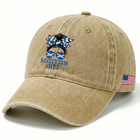 Scottish Girl Messy Bun Hair Saltire Flag Ribbon Bow Washed Cotton Baseball Cap Scotland Pride for Girls Women
