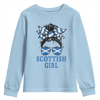 Scottish Girl Messy Bun Hair Saltire Flag Ribbon Bow Youth Sweatshirt Scotland Pride for Girls Women