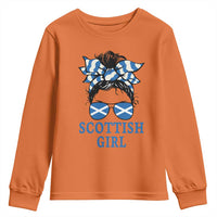 Scottish Girl Messy Bun Hair Saltire Flag Ribbon Bow Youth Sweatshirt Scotland Pride for Girls Women