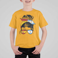 Argentina Spain Flag Messy Bun Girl Graphic T Shirt For Kid Cool Latina Argentine Spanish Pride Match Day