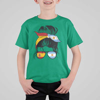 Argentina Spain Flag Messy Bun Girl Graphic T Shirt For Kid Cool Latina Argentine Spanish Pride Match Day