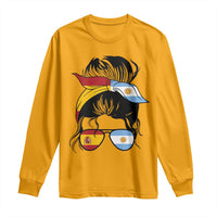 Argentina Spain Flag Messy Bun Girl Graphic Long Sleeve Shirt Cool Latina Argentine Spanish Pride Match Day