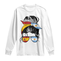 Argentina Spain Flag Messy Bun Girl Graphic Long Sleeve Shirt Cool Latina Argentine Spanish Pride Match Day