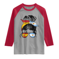 Argentina Spain Flag Messy Bun Girl Graphic Raglan Shirt Cool Latina Argentine Spanish Pride Match Day