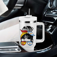 Argentina Spain Flag Messy Bun Girl Graphic Tumbler With Handle Cool Latina Argentine Spanish Pride Match Day