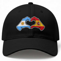 Argentina Spain Flag Heart Hands Graphic Baseball Cap Argentine Spanish Mixed Roots Pride Dual Heritage Match Day