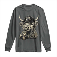 Hot Mess Highland Cow Sipping Iced Coffee Meme Long Sleeve Shirt Funny Sarcastic Everyday Life Country Western Style