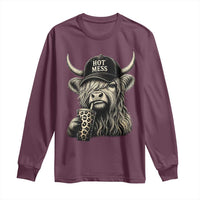 Hot Mess Highland Cow Sipping Iced Coffee Meme Long Sleeve Shirt Funny Sarcastic Everyday Life Country Western Style