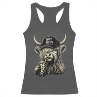 Hot Mess Highland Cow Sipping Iced Coffee Meme Racerback Tank Top Funny Sarcastic Everyday Life Country Western Style