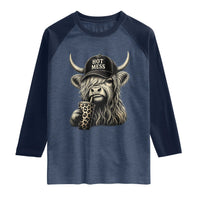 Hot Mess Highland Cow Sipping Iced Coffee Meme Raglan Shirt Funny Sarcastic Everyday Life Country Western Style