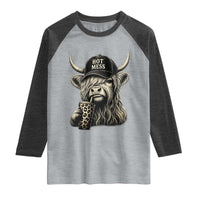 Hot Mess Highland Cow Sipping Iced Coffee Meme Raglan Shirt Funny Sarcastic Everyday Life Country Western Style