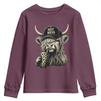Hot Mess Highland Cow Sipping Iced Coffee Meme Youth Sweatshirt Funny Sarcastic Everyday Life Country Western Style