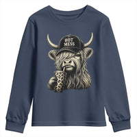Hot Mess Highland Cow Sipping Iced Coffee Meme Youth Sweatshirt Funny Sarcastic Everyday Life Country Western Style